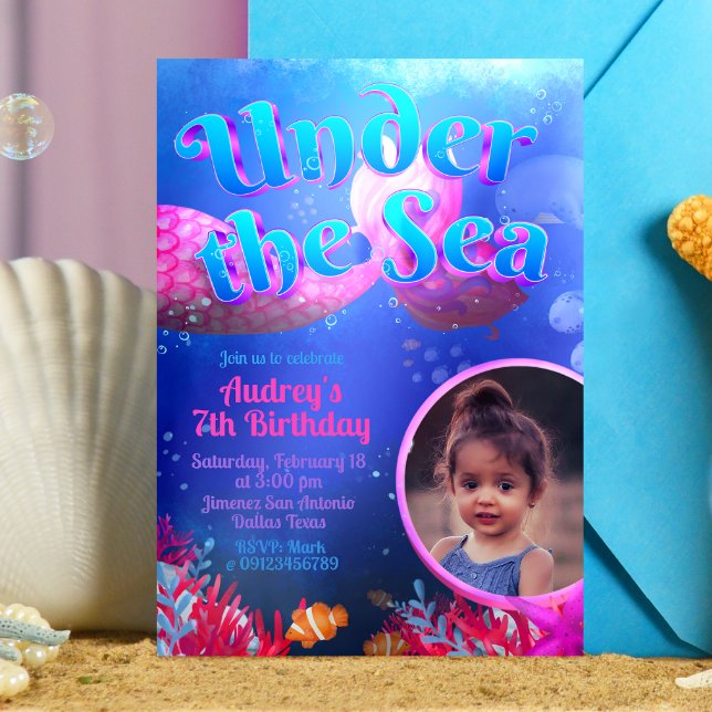 Convites Debaixo do Mar com Foto (Under the Sea - Mermaid Girl  Invitation with Photo)