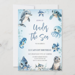 Convites Debaixo do Mar Oceano Azul Aniversário de 1 ano