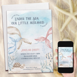 Convites Debaixo do Mar Pequena Sereia Aquarela Aniversário