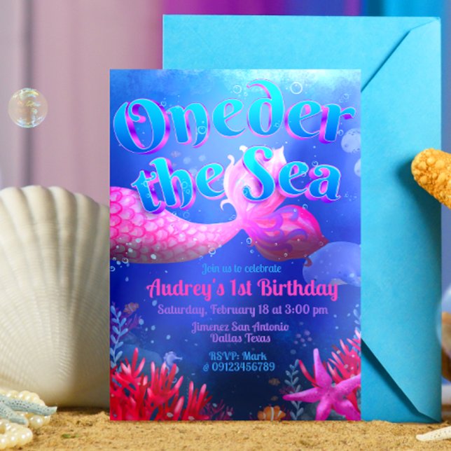 Convites Debaixo do Mar - Sereia (Oneder the Sea - Girl Mermaid 1st Birthday Invitation )