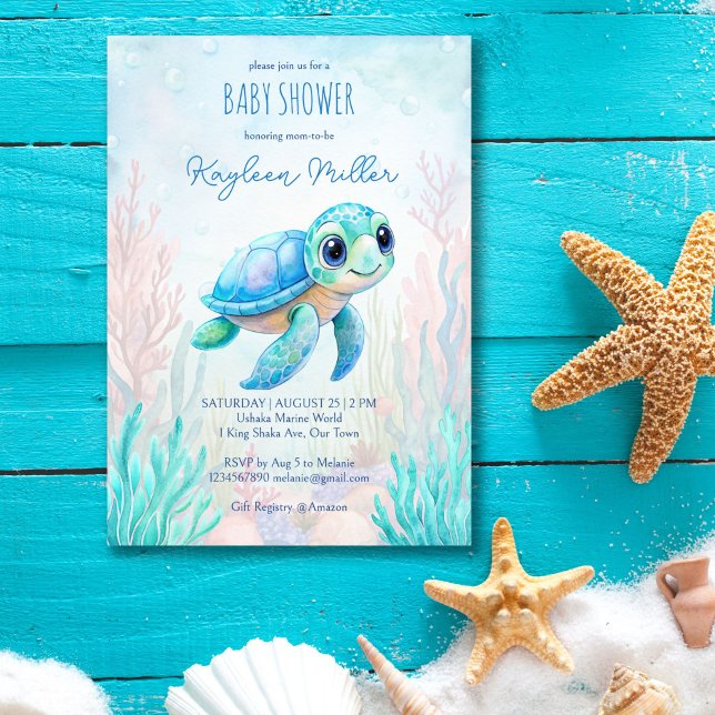 Convites Debaixo do mar, tartaruga fofa, azul aqua, chá de  (Under the sea cute baby sea turtle aqua blue boy baby shower invitation editable template digital)