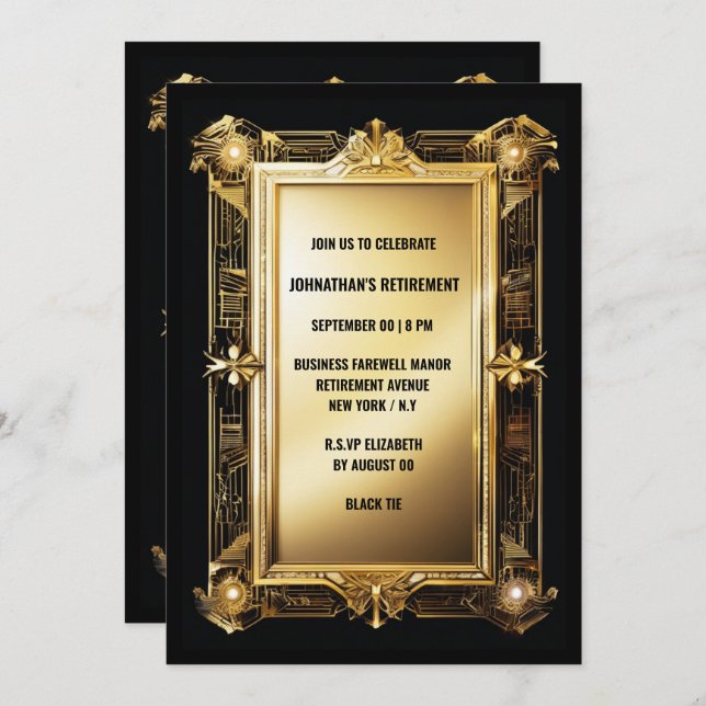 Convites decência de despedida de arte Dourada negra (Frente/Verso)