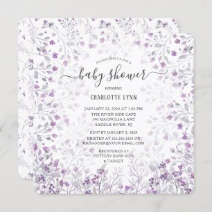 Convites Décie Purple Watercolor Flowers Girls Chá de frald