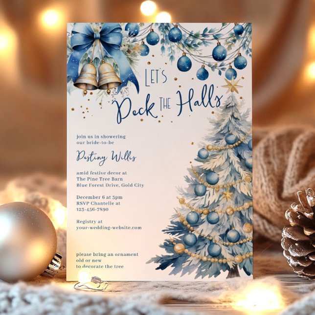 Convites Deck the Halls Blue Christmas Chá de panela (Deck the Halls Blue Christmas Bridal Shower Invitation by Darling & May)