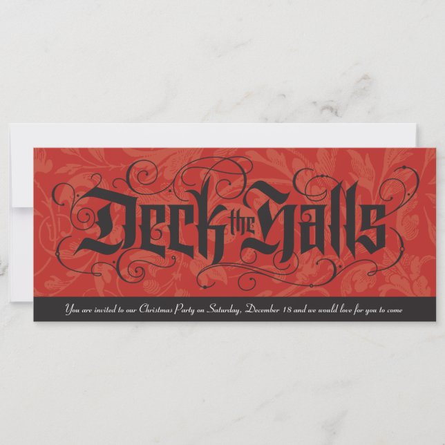 Convites Deck the Halls Elegante Red Black Christmas (Frente)