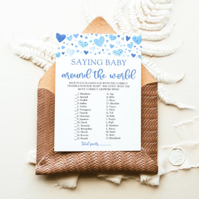 Convites Declaração Bebê ao Redor do Mundo (Watercolor Cute Blue Hearts Valentine Sweetheart  Boy Saying Baby Around The World Baby Shower Game)