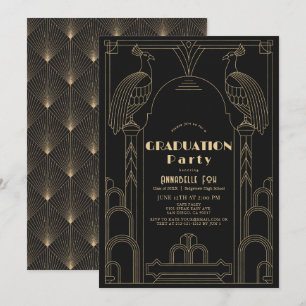 Convites Deco Artístico de 1920 Preto Graduação Pavão