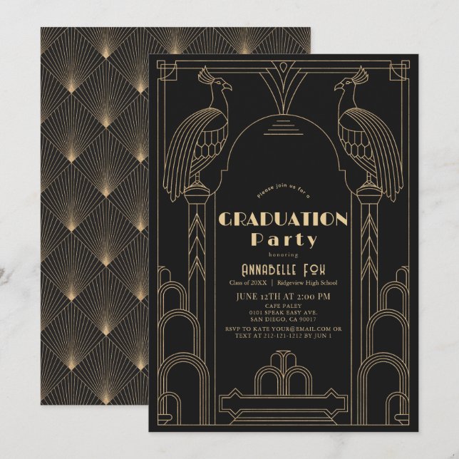 Convites Deco Artístico de 1920 Preto Graduação Pavão (Frente/Verso)
