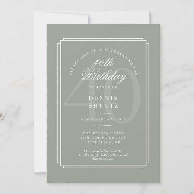 Convites Deco Clássico | Aniversário de 40 anos em Sage e B (Frente)