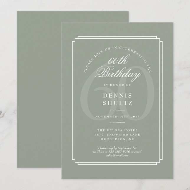 Convites Deco Clássico | Aniversário de 60 anos em Sage e B (Frente/Verso)
