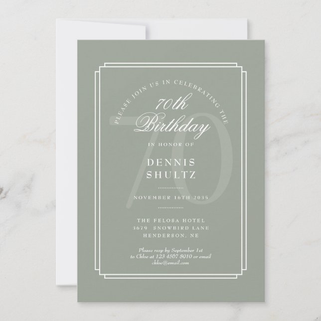 Convites Deco Clássico | Aniversário de 70 anos em Sage e B (Frente)
