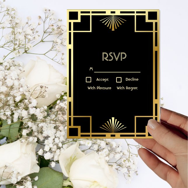 Convites Deco Clássico de Arte Dourado na Placa RSVP de Ima (Criador carregado)