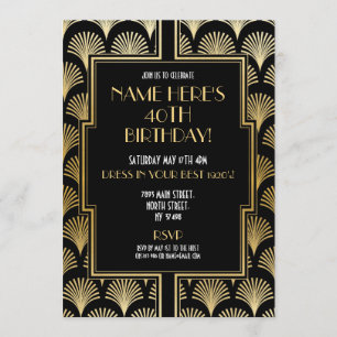 Convites Deco de Arte de 1920, Gatsby Party Black & Dourado