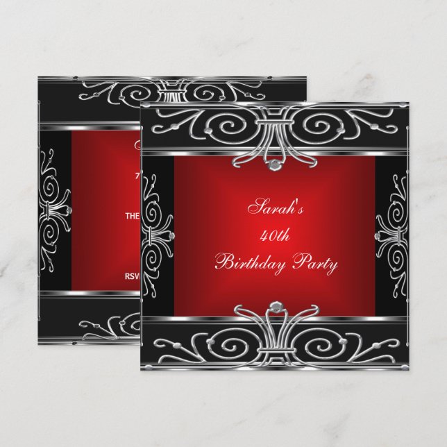 Convites Deco de Arte Negra aniversário de 40 anos Vermelha (Frente/Verso)