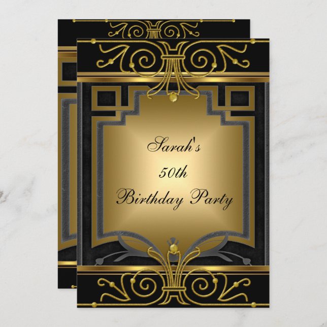 Convites Deco de Arte Negra Dourada da Elegante 50ª Festa d (Frente/Verso)