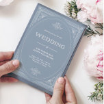 Convites Deco Moderno | Casamento de Elegante Azul e Branco<br><div class="desc">Estes convites de casamento glamourosos apresentam um spin moderno em deco de arte clássico. Uma estrutura geométrica branca e ornamentado e ornamentação decoram um elegante fundo azul empoeirado para um olhar dramático e casamento vintage.</div>