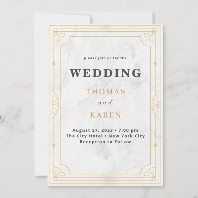 Convites Deco Moderno | Casamento de mármore branco (Frente)