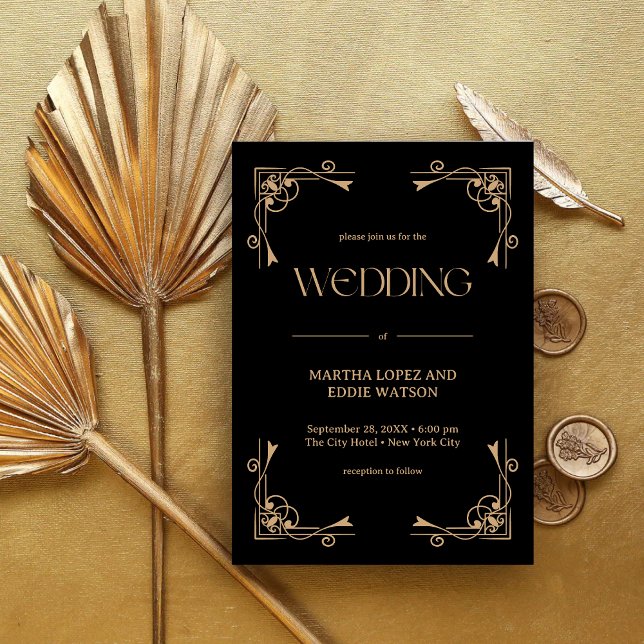 Convites Deco Moderno | Casamento Elegante em Preto e Doura (Elegant black and gold wedding invitation sets a luxe tone with your personalized details)