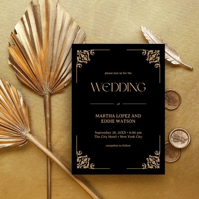 Convites Deco Moderno | Casamento Elegante em Preto e Doura (Elegant black and gold wedding invitation creates a luxe first impression with your names)