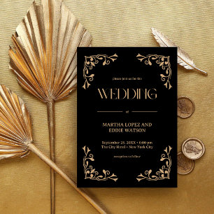Convites Deco Moderno Casamento Elegante em Preto e Doura
