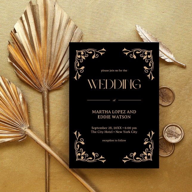 Convites Deco Moderno | Casamento Elegante em Preto e Doura (Elegant black and gold wedding invitation sets a luxe, personalized tone for your special day)