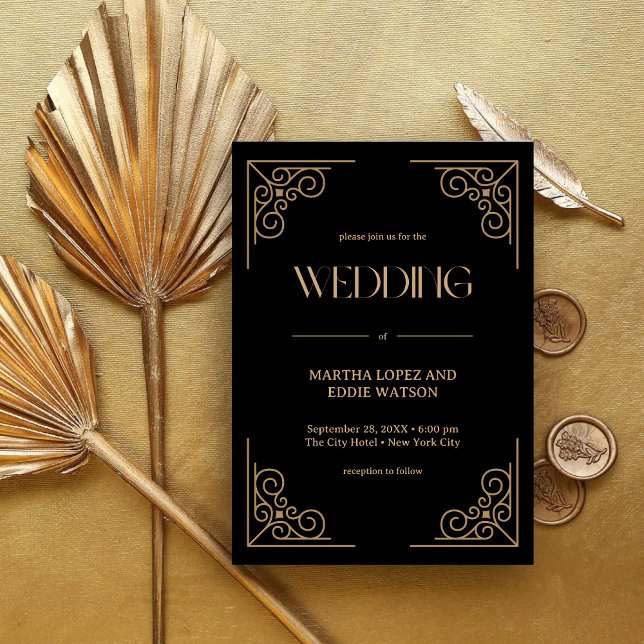 Convites Deco Moderno | Casamento Elegante em Preto e Doura (Elegant black and gold wedding invitation creates a luxe, personalized first impression for guests)