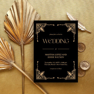 Convites Deco Moderno   Casamento Elegante em Preto e Doura