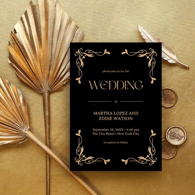 Convites Deco Moderno | Casamento Elegante em Preto e Doura (Criador carregado)