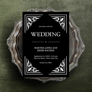 Convites Deco Moderno Casamento Elegante Preto e Branco c