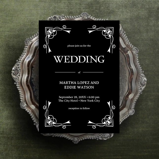 Convites Deco Moderno | Casamento Elegante Preto e Branco c (Modern deco onyx black and white invitation adds refined elegance to your personalized wedding.)