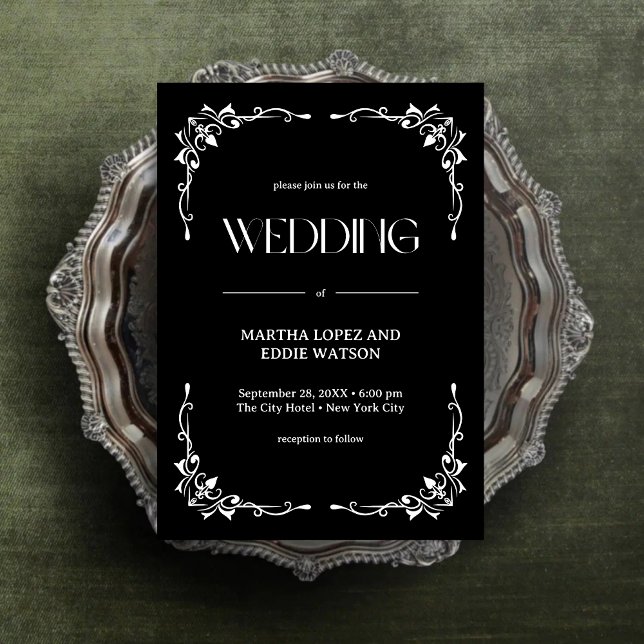 Convites Deco Moderno | Casamento Elegante Preto e Branco e (Modern deco onyx black and white wedding invitation adds bold elegance to your wedding day.)