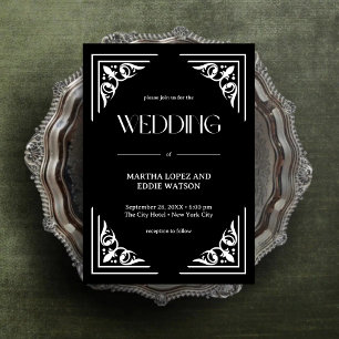 Convites Deco Moderno Casamento Elegante Preto e Branco e