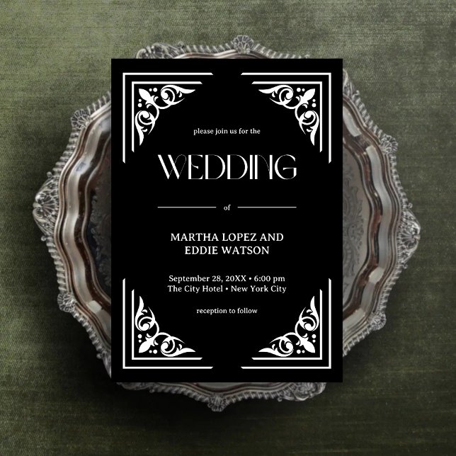 Convites Deco Moderno | Casamento Elegante Preto e Branco e (Modern deco onyx black and white wedding invitation creates a bold, timeless first impression.)