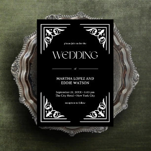 Convites Deco Moderno Casamento Elegante Preto e Branco e