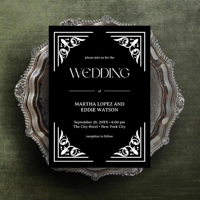 Convites Deco Moderno | Casamento Elegante Preto e Branco e (Modern deco onyx black and white wedding invitation adds sleek style to your wedding day.)