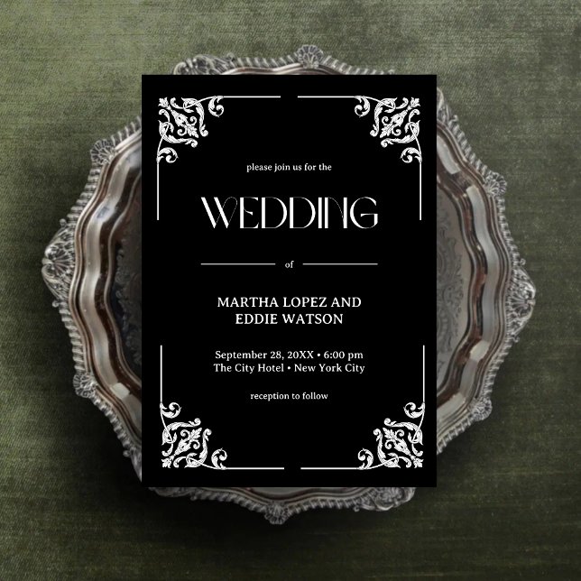 Convites Deco Moderno | Casamento Elegante Preto e Branco e (Modern deco onyx black and white invitation creates a sleek, timeless feel for your wedding.)