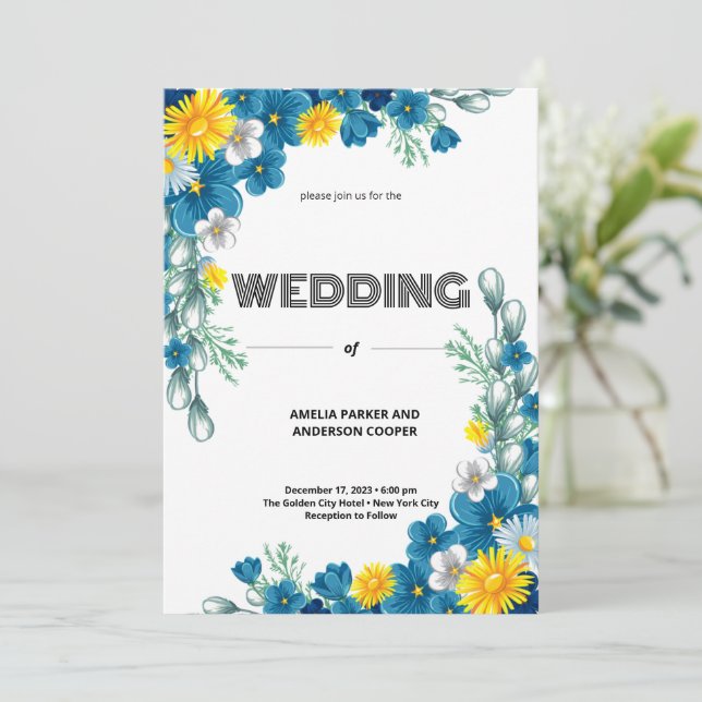 Convites Deco Moderno | Casamento Floral e Branco Elegante (Em pé/Frente)