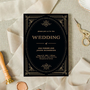 Convites Deco Moderno Casamento negro e Dourado legante