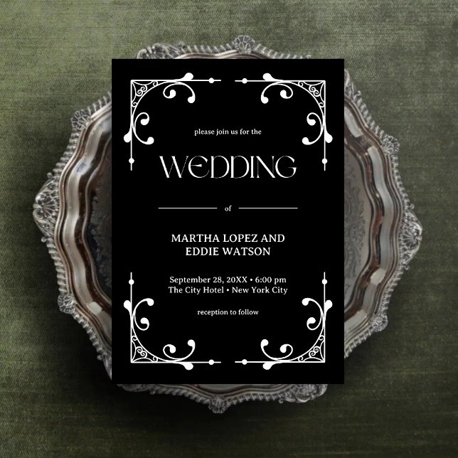 Convites Deco Moderno | Casamento preto e branco Elegante O (Modern deco onyx black and white wedding invitation sets a bold, elegant tone.)