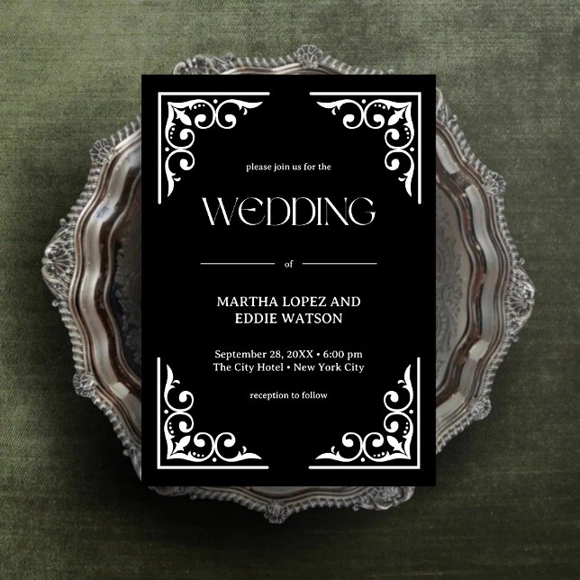 Convites Deco Moderno | Casamento preto e branco Elegante O (Modern deco onyx black and white wedding invitation adds sleek elegance to your big day.)