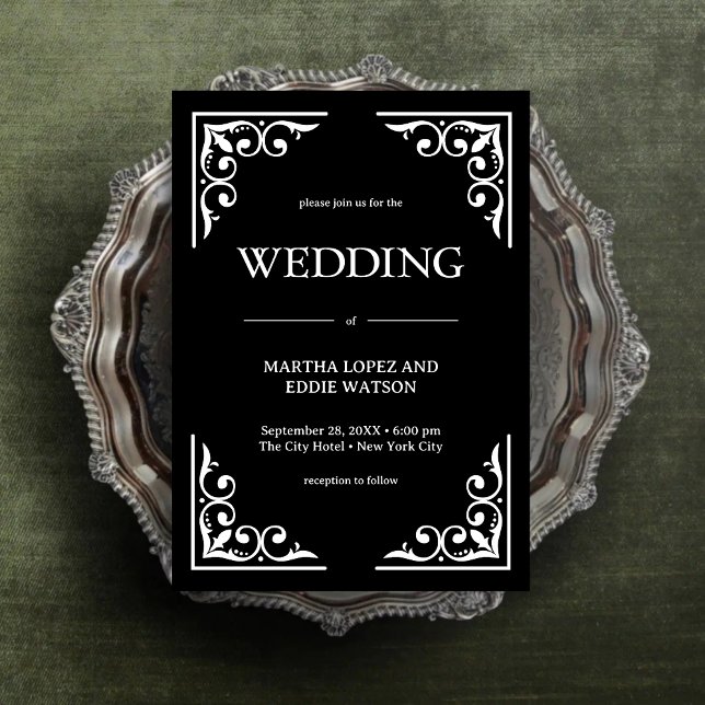 Convites Deco Moderno | Casamento preto e branco Elegante O (Modern deco onyx black and white wedding invitation sets a bold, timeless tone.)