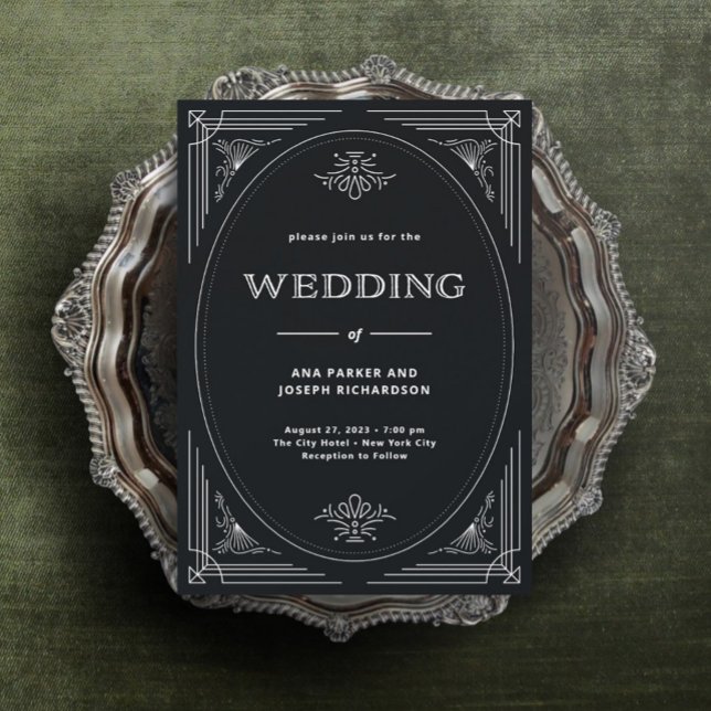 Convites Deco Moderno | Casamento preto e branco Elegante O (An elegant and dark art deco wedding invitation, perfect if black is one of your wedding colors.)