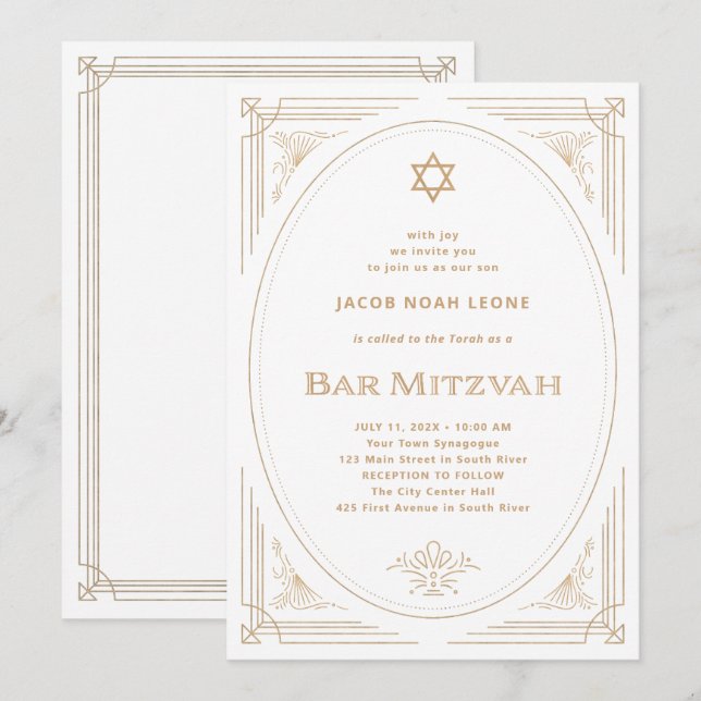 Convites Deco Moderno | Faux Dourado e Bar branco Mitzvah (Frente/Verso)