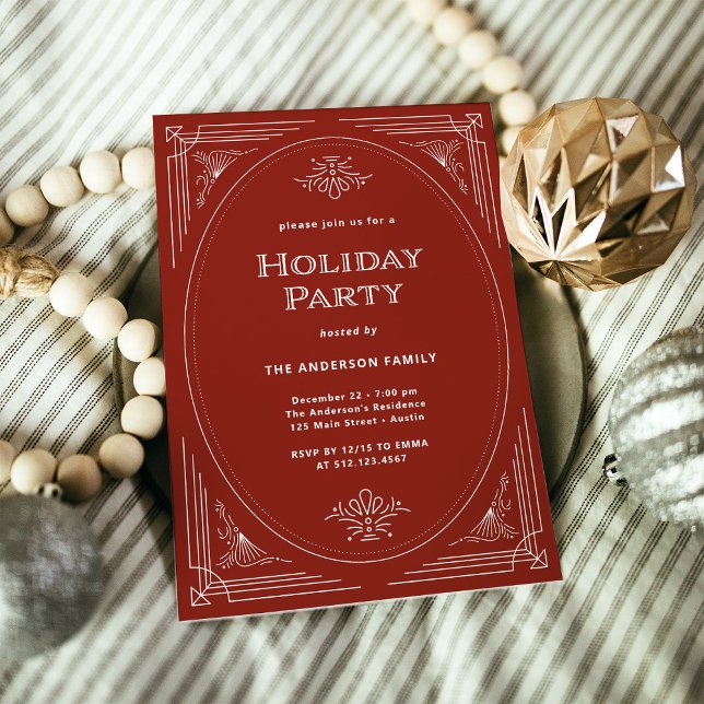 Convites Deco Moderno | Feriado Vermelho Elegante (An elegant, art deco style red holiday party invitation)
