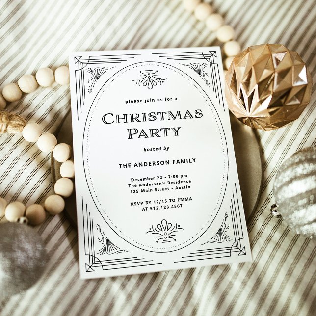 Convites Deco Moderno | Festa de Natal Preta e Branca (An elegant, black and white art deco style Christmas party invitation)