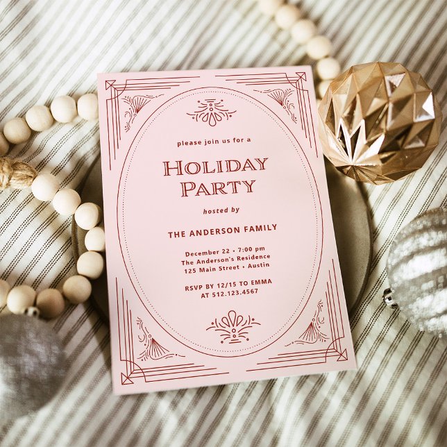 Convites Deco Moderno | Partido Elegante, Rosa e Feriado Ve (An elegant, blush pink and red art deco style holiday invitation)