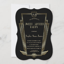 Convites Deco Monograma de Arte Dourada Real, Sweet 16 Conv