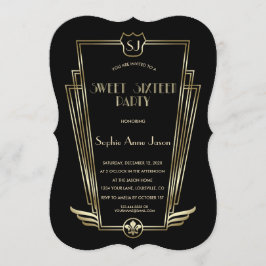 Convites Deco Monograma de Arte Dourada Real, Sweet 16 Conv
