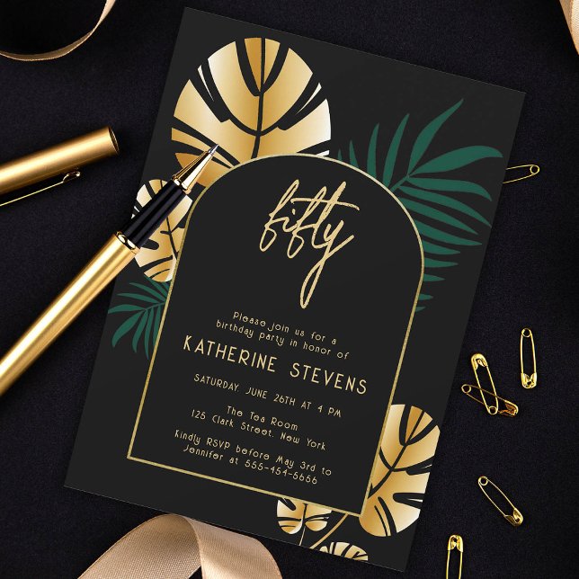 Convites Deco Tropical Jungle Dourada Boho Frame 50º aniver (gold deco tropical jungle 50th birthday invitation card diy gatsby roaring 20s black boho arch chic)