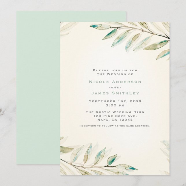 Convites Decoração de Casamento com Folhas de Eucalipto Vin (Frente/Verso)